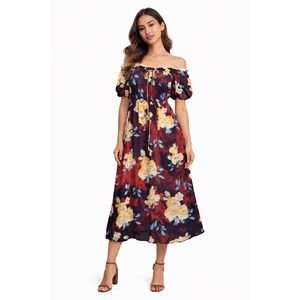 143 story by lineup Floral Fit And Flare Smocked Puff Sleeves Med Midi Cottage